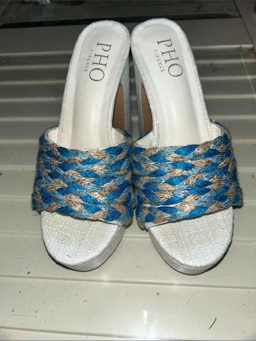 White Platform Heels with Braided Blue Accents